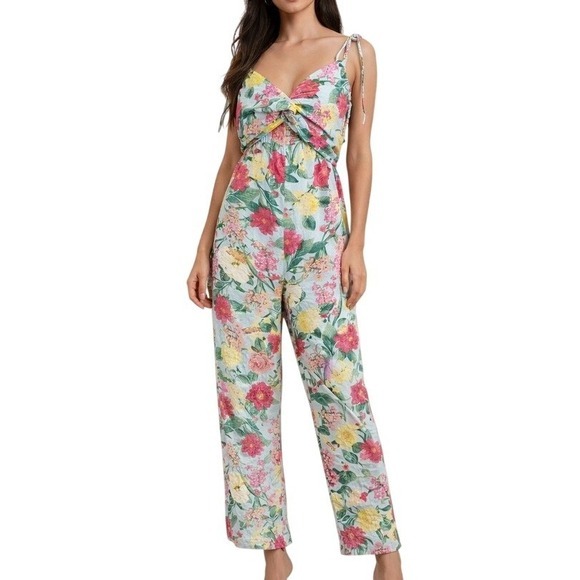Old Navy Floral Jumpsuit Blue Red Womens Medium Linen Blend Tie Strap Smocked